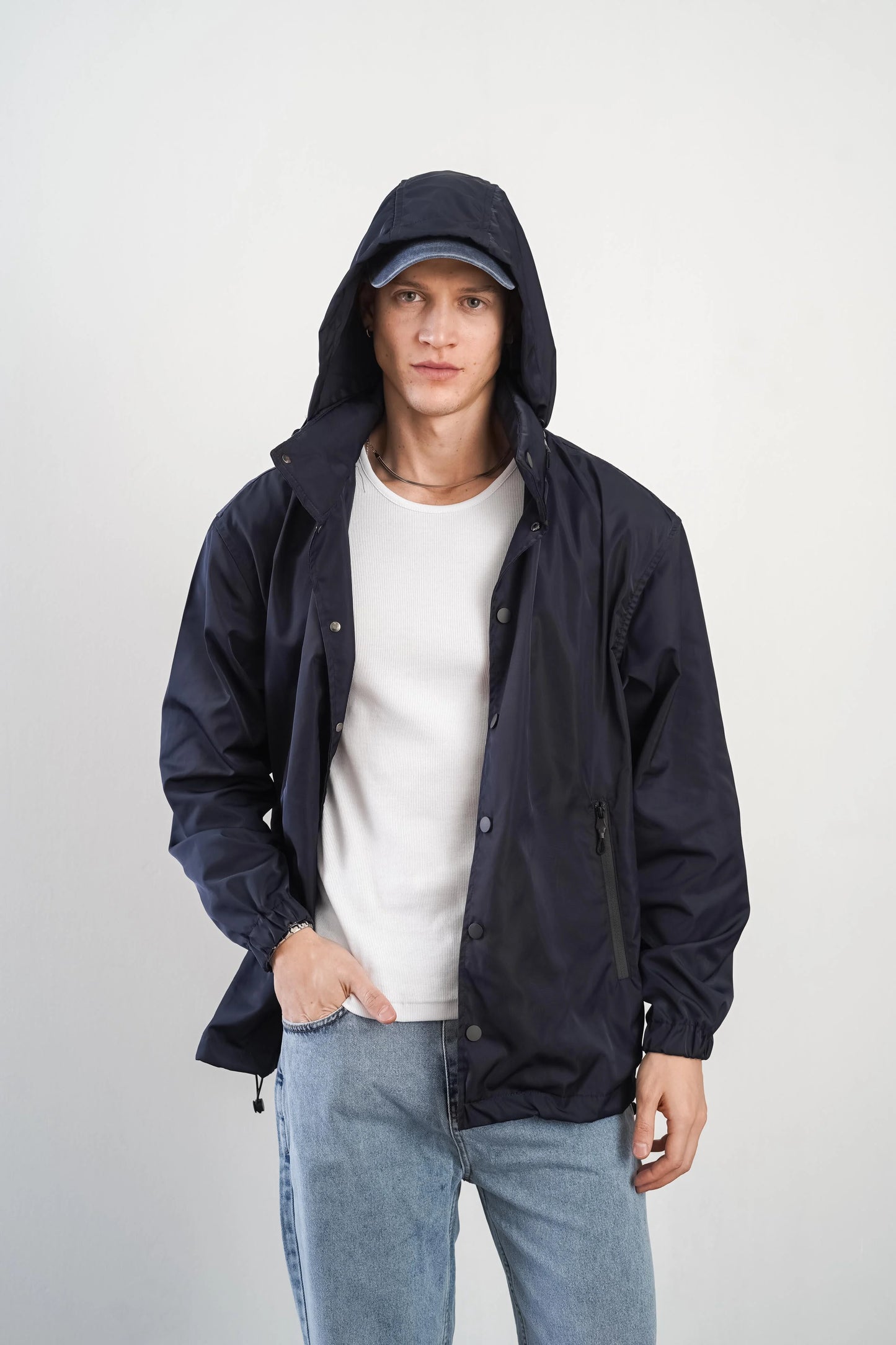 Front Snap Closure Back Printed Adjustable Hooded Oversize Mould Unisex Raincoat