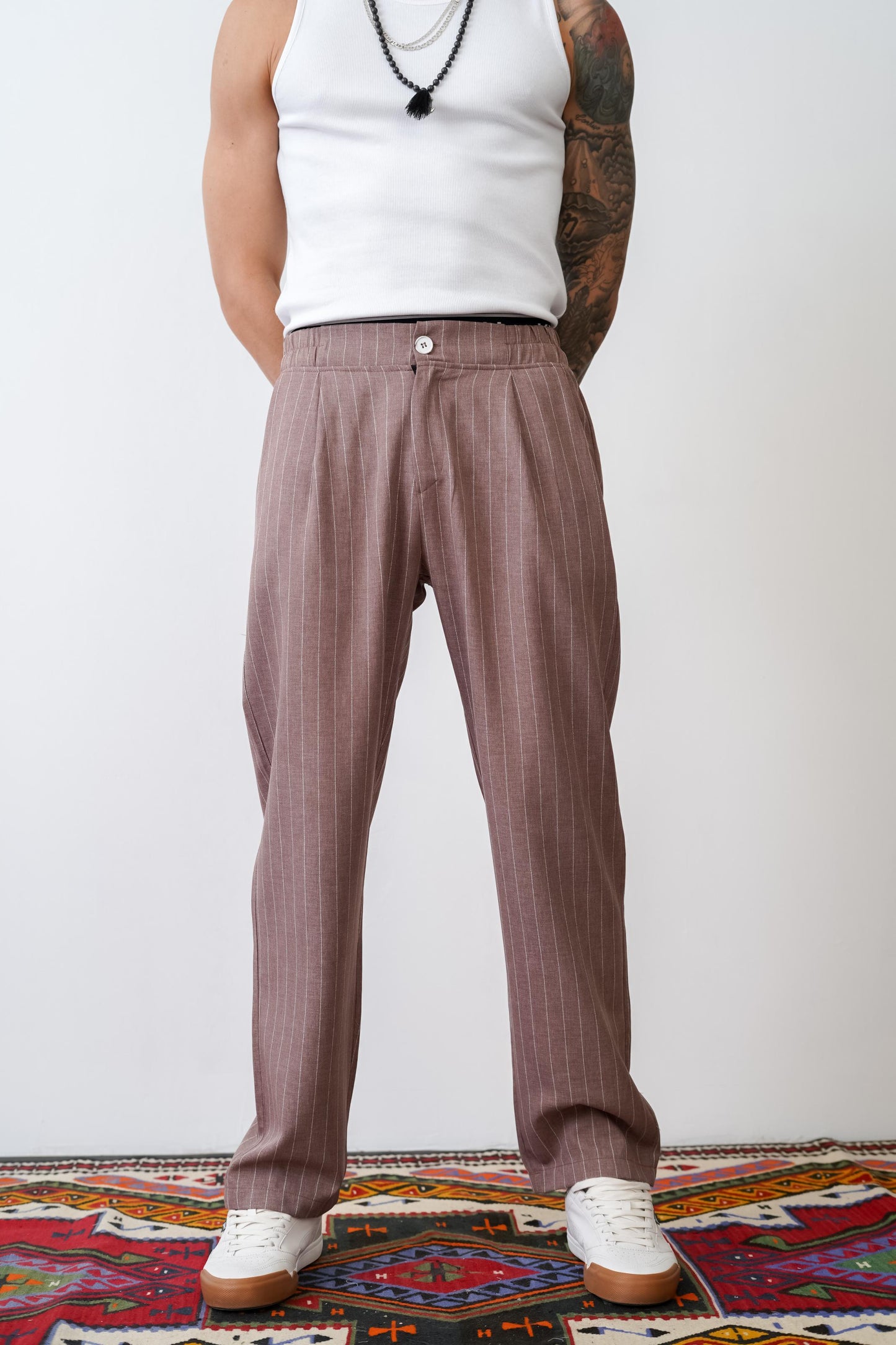 Loose Fit Striped Trousers with Back and Side Pockets