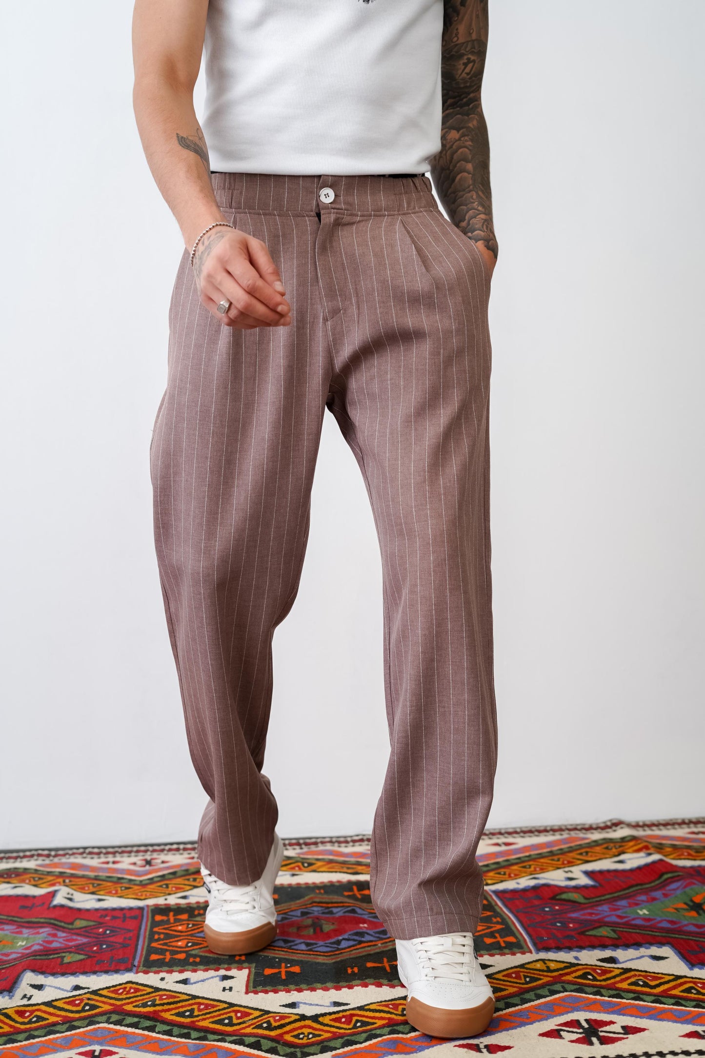 Loose Fit Striped Trousers with Back and Side Pockets