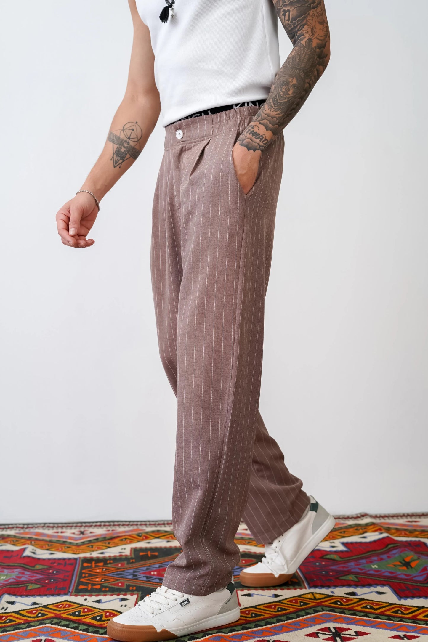 Loose Fit Striped Trousers with Back and Side Pockets