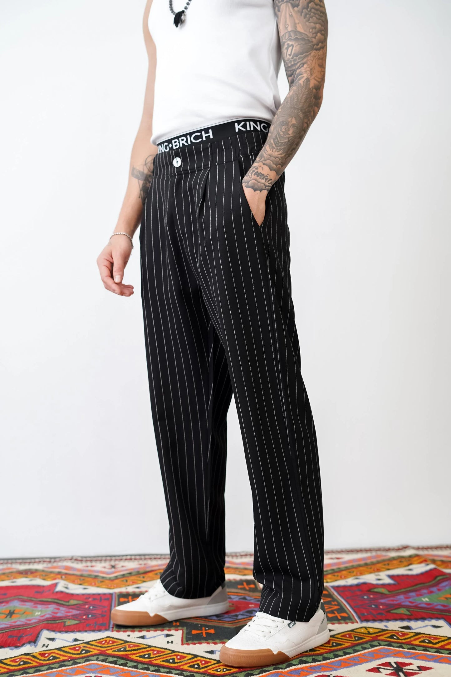 Loose Fit Striped Trousers with Back and Side Pockets