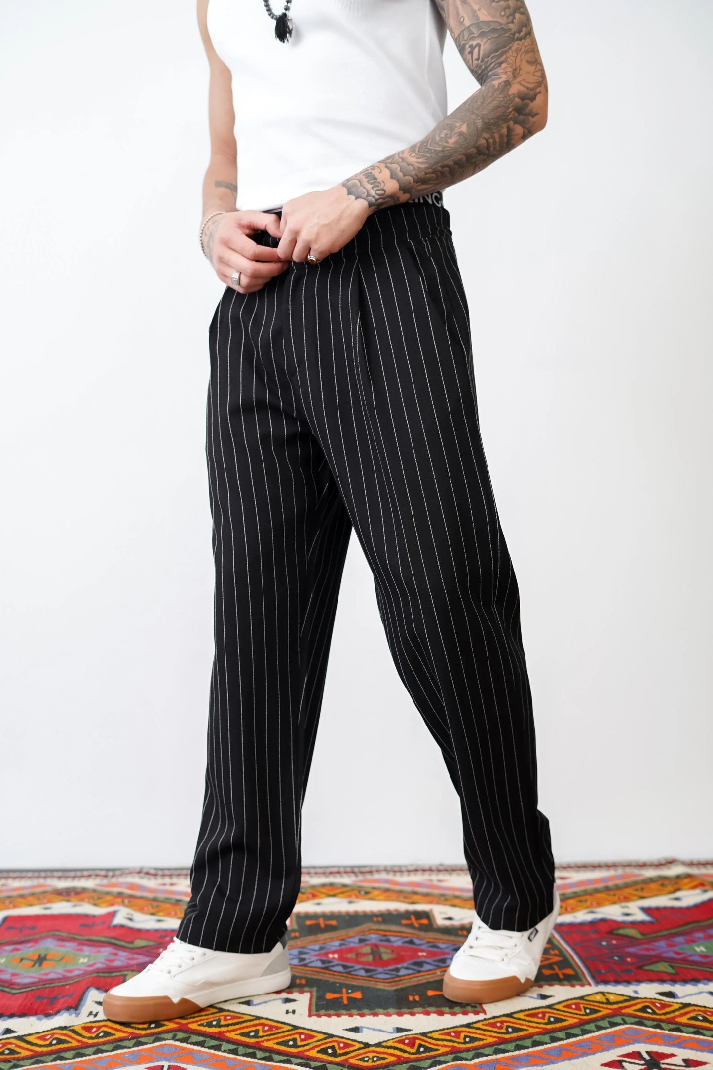 Loose Fit Striped Trousers with Back and Side Pockets