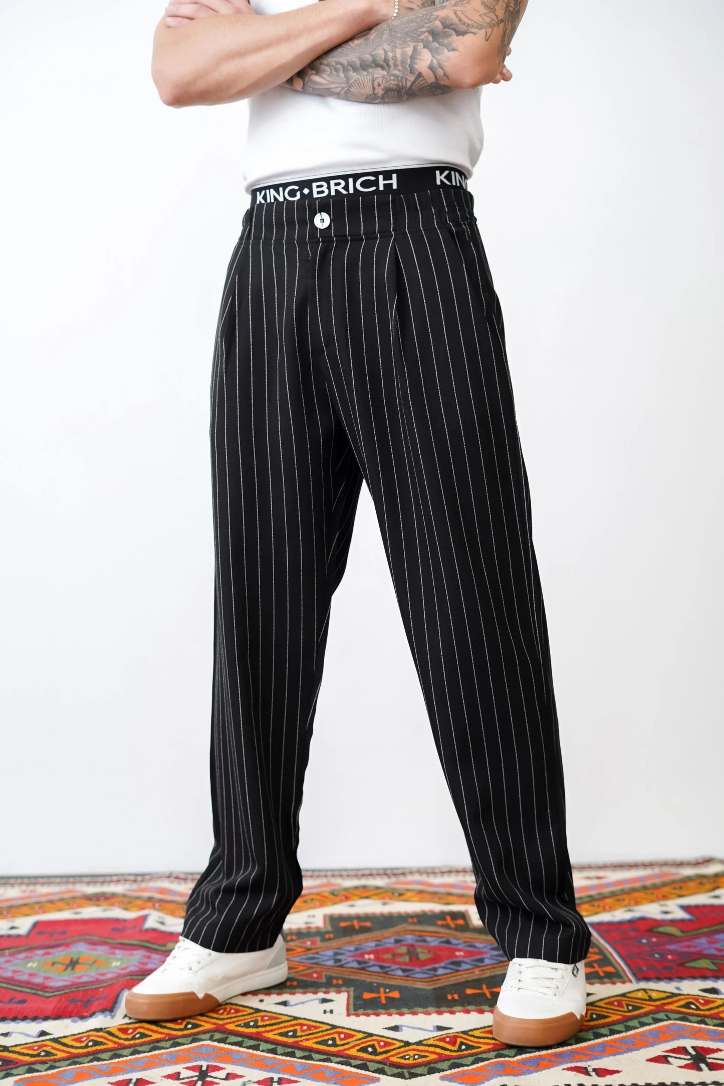 Loose Fit Striped Trousers with Back and Side Pockets