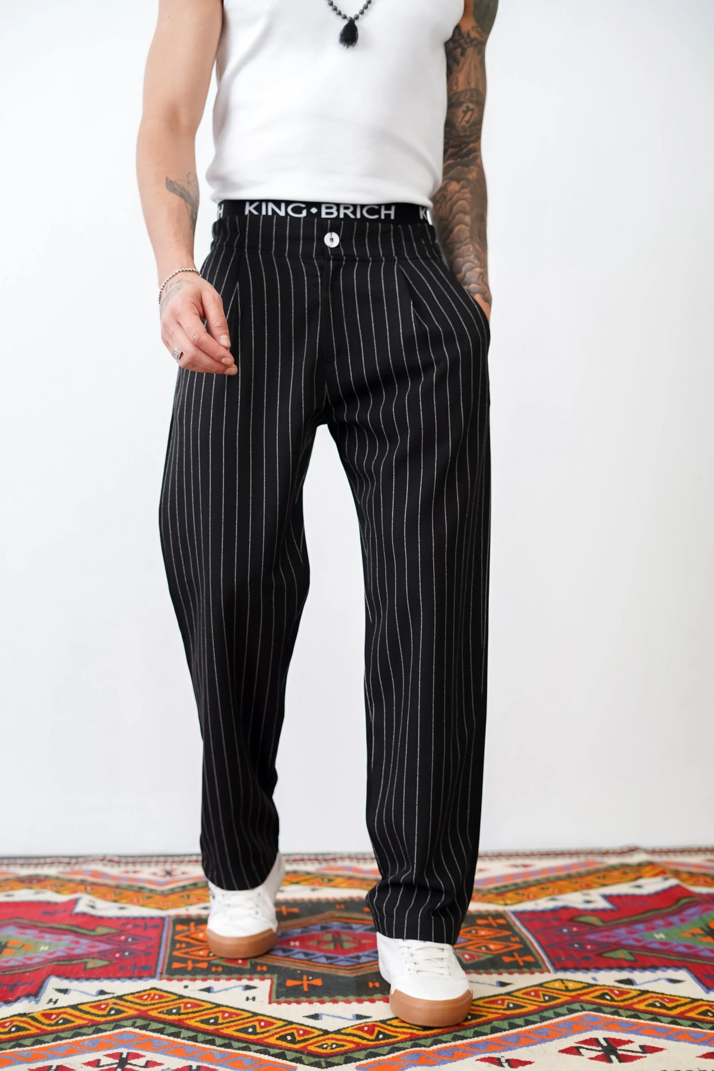 Loose Fit Striped Trousers with Back and Side Pockets