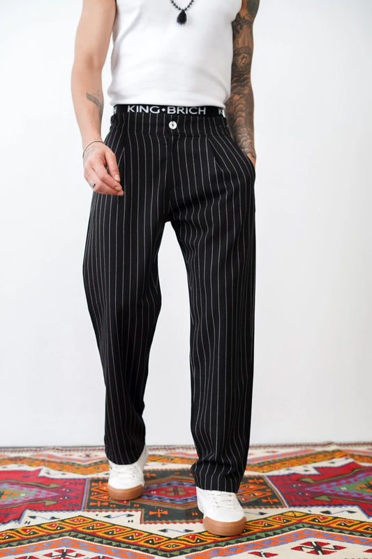 Loose Fit Striped Trousers with Back and Side Pockets