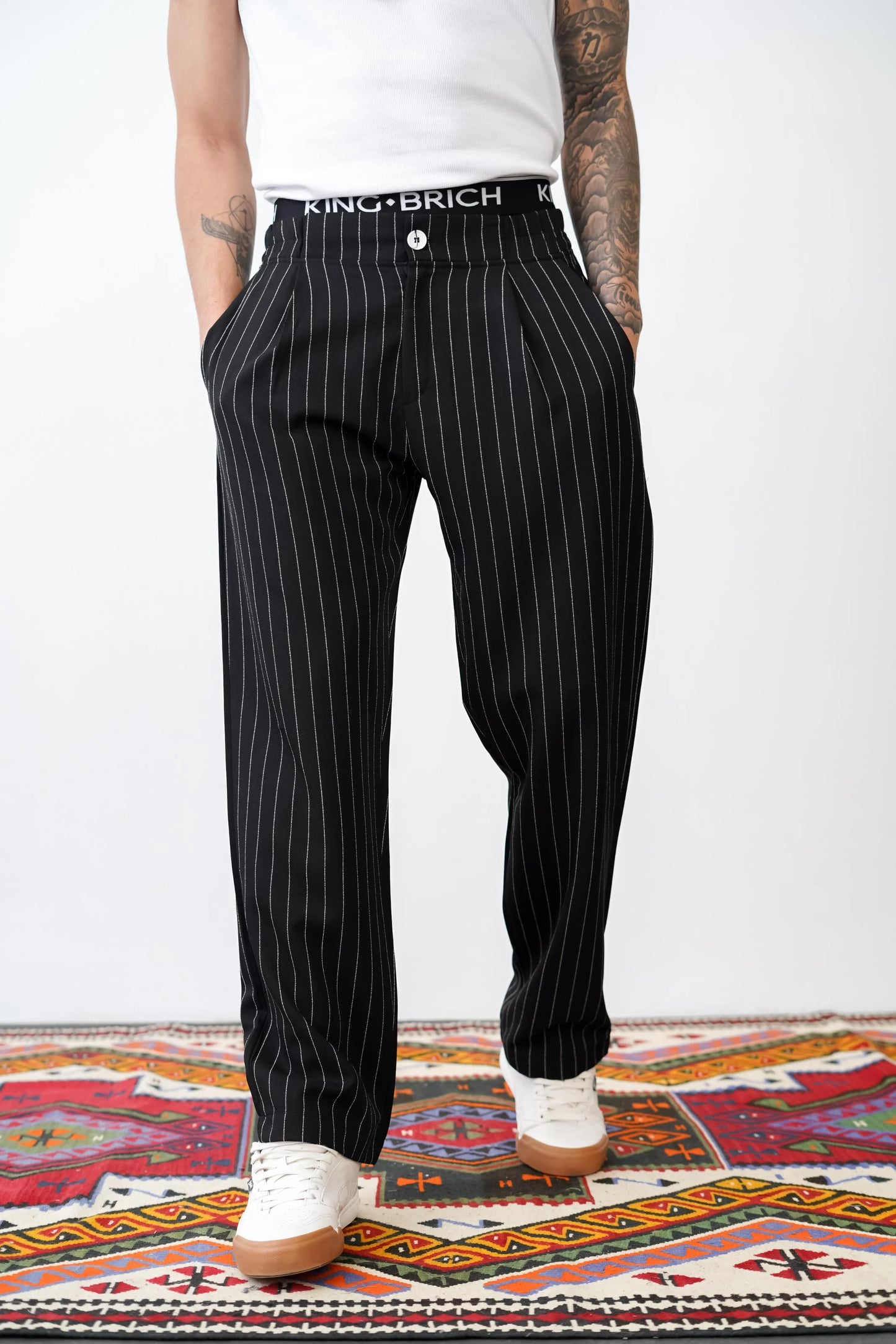 Loose Fit Striped Trousers with Back and Side Pockets