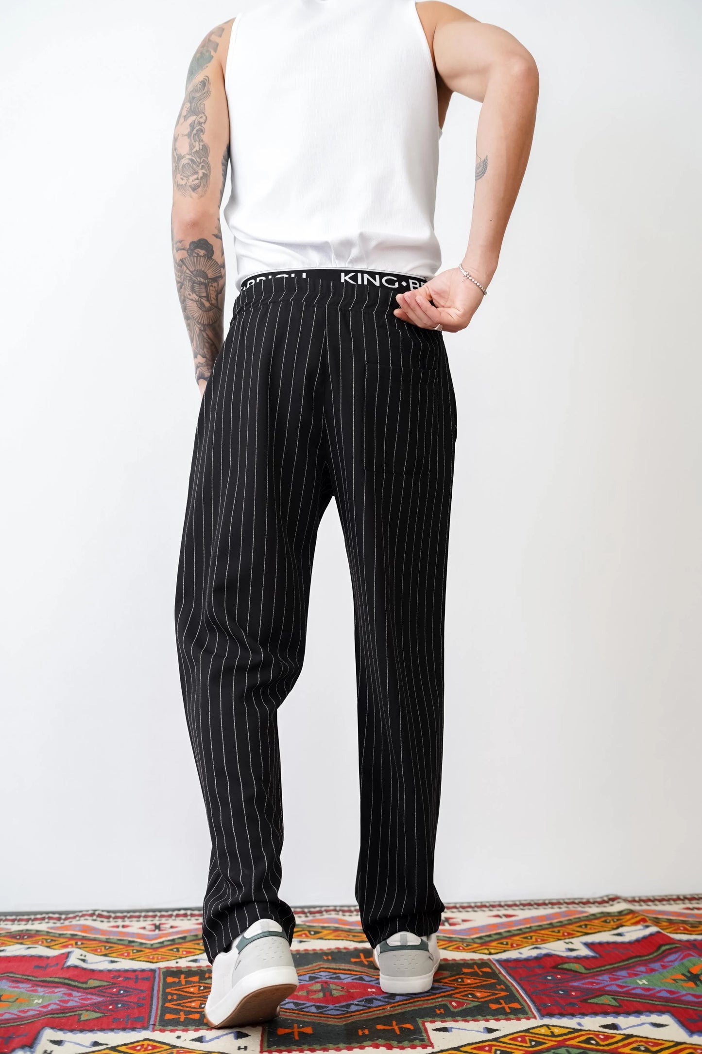 Loose Fit Striped Trousers with Back and Side Pockets