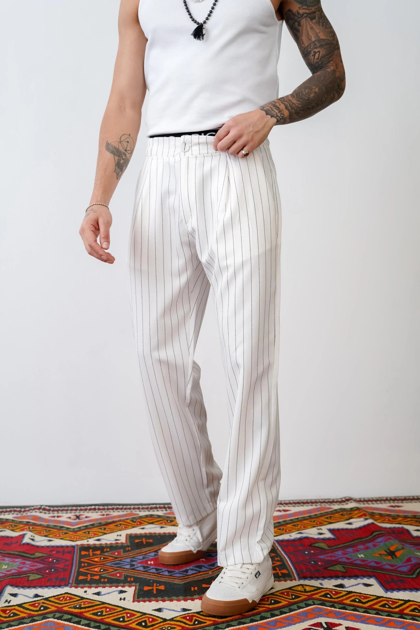 Loose Fit Striped Trousers with Back and Side Pockets