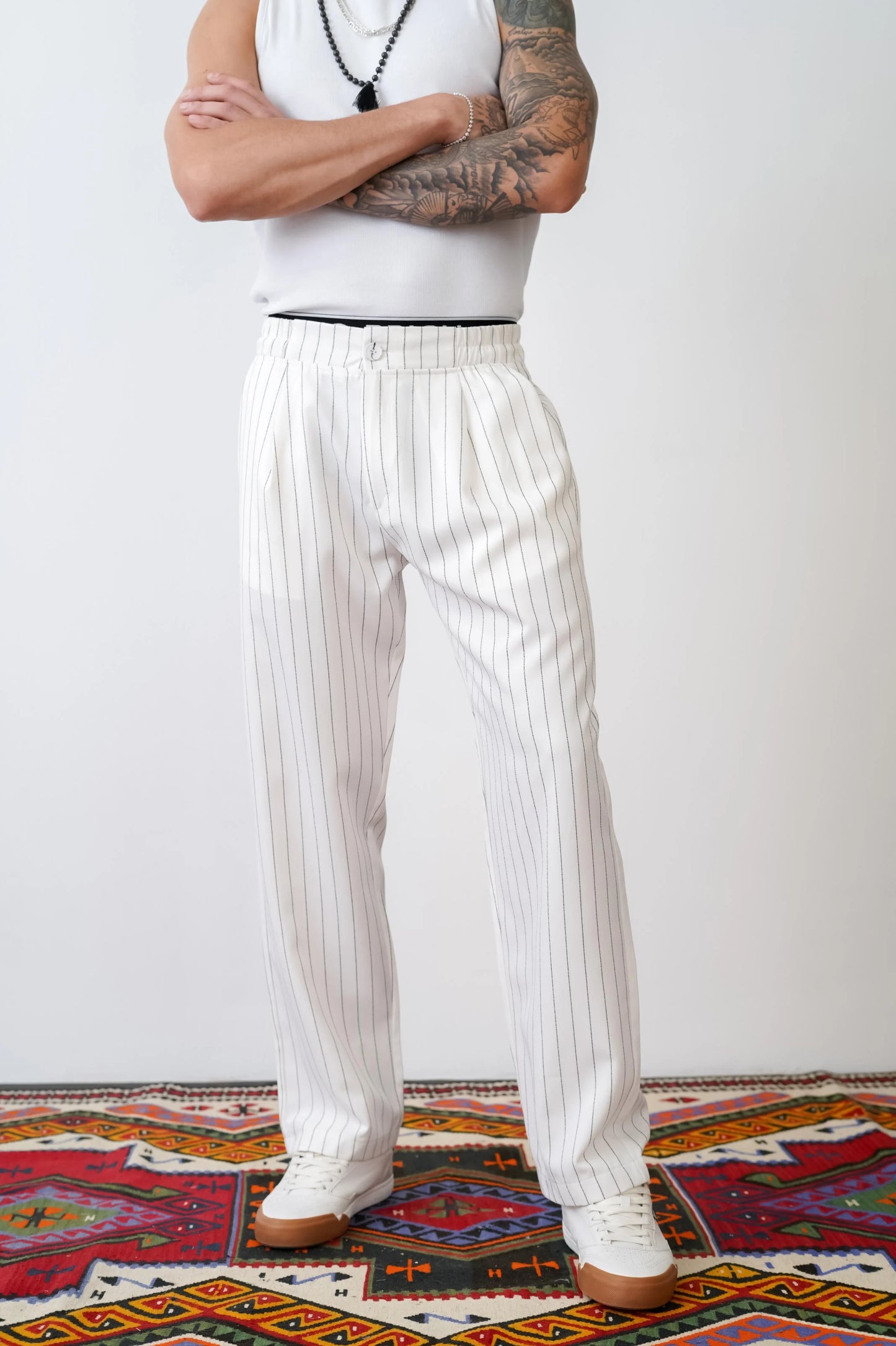 Loose Fit Striped Trousers with Back and Side Pockets