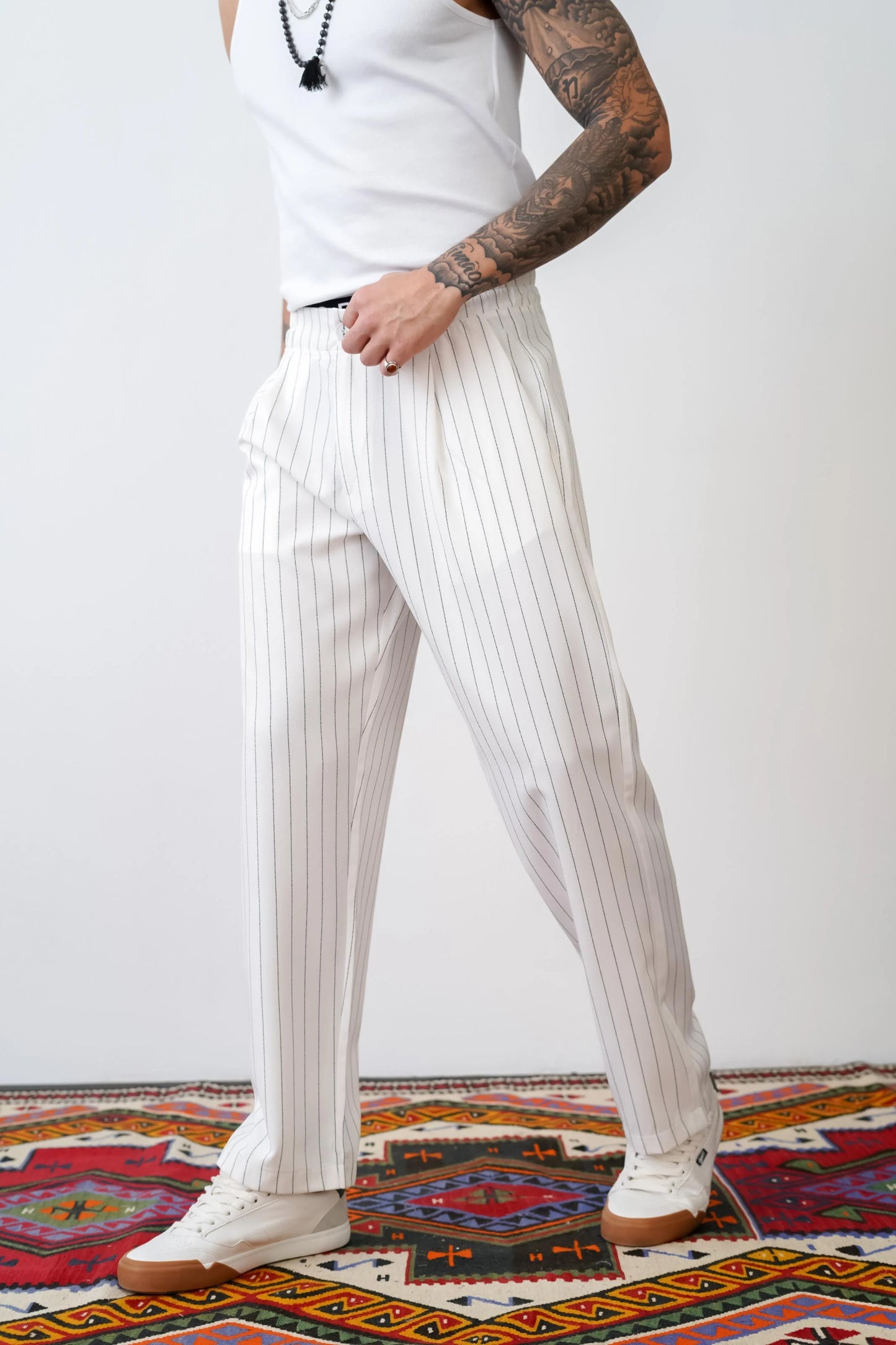 Loose Fit Striped Trousers with Back and Side Pockets