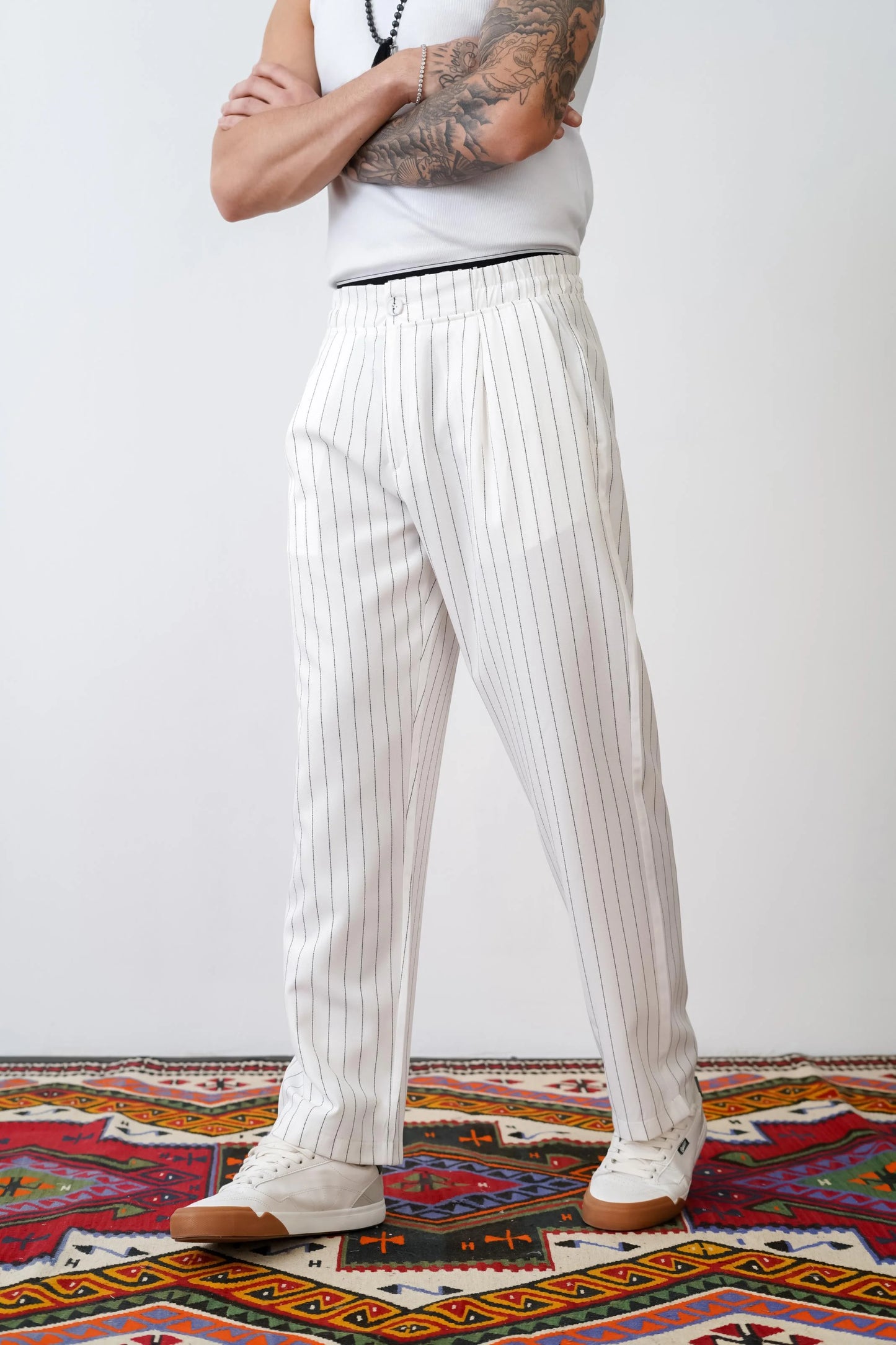 Loose Fit Striped Trousers with Back and Side Pockets